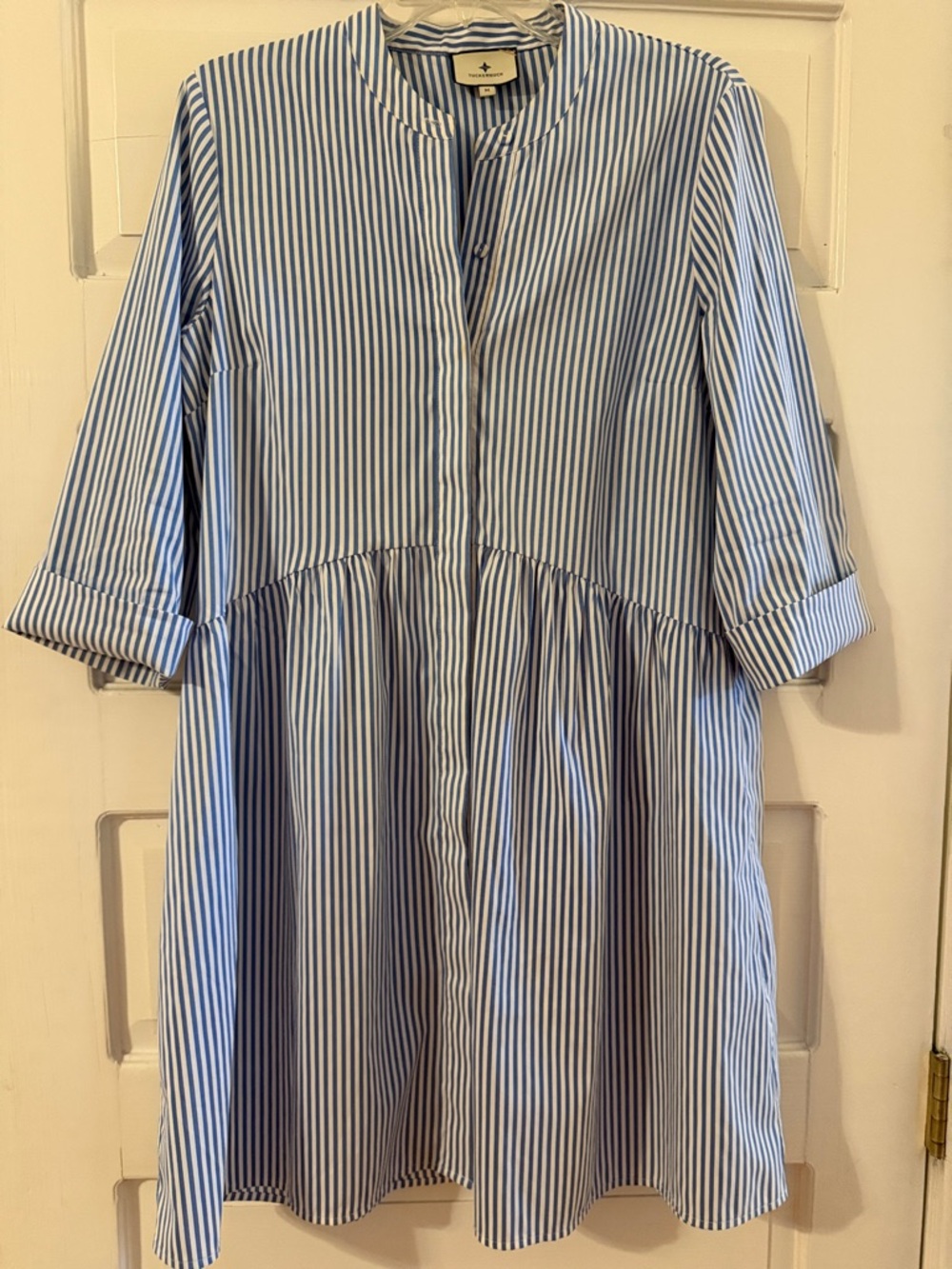 Tuckernuck Blue and White Vertical Stripe Babydoll Shirt Dress